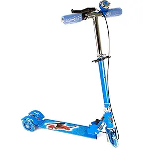 ARUZEN Scooter for Kids 3 Wheeler Foldable Kick Skating Cycle with Brake and Bell, LED on Wheels and Height Adjustable for Boys and Girls (Blue ,Up to 10 Year Kid)