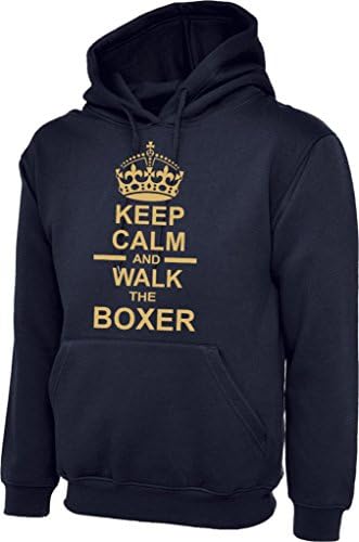 Keep Calm And Walk The Boxer Dog In Navy Blue Hoody &amp; Gold Text