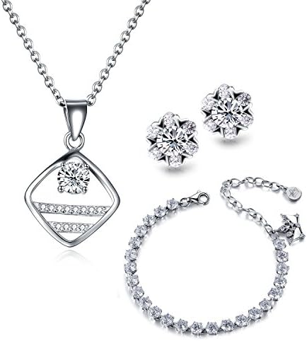 Sparking 925 Sterling Silver Cubic Zirconia Stud Earring Pendant Necklace Tennis Bracelet Jewelry Set for Wedding Bridal Party