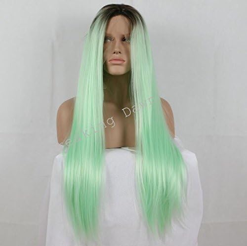 Fashion Mint Green Ombre Long Straight Synthetic Lace Front Wig Glueless Green/BlackTwoTone Heat Resistant Hair with dark roots
