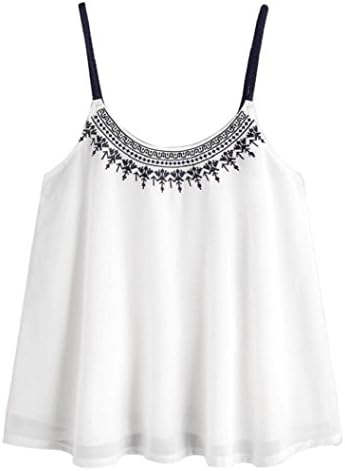 Wawer Women's Vest Tops, Women Sleeveless Tank Embroidered Chiffon Cami Top Blouse Great For Club/Party/Daily/Beach (M, White)