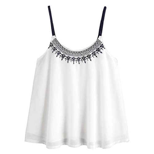 Wawer Women's Vest Tops, Women Sleeveless Tank Embroidered Chiffon Cami Top Blouse Great For Club/Party/Daily/Beach (M, White)