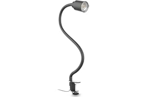 B.K.Licht Lampada LED da tavolo con morsetto, inclusa lampadina GU10 5W, luce calda, orientabile, interruttore a levetta, collo di cigno, lampada piccola da comodino o scrivania, metallo nero opaco