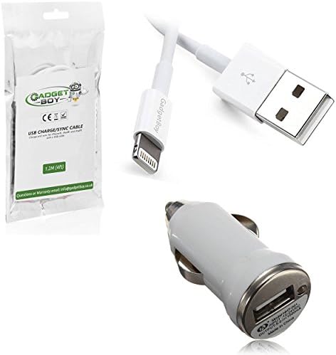 GadgetBoy iPhone 8 / X / 7 / 7 Plus / 6 / 6S / 6S Plus / SE / 5 / 5S / 5C Car Charger and Charging Cable Quality 2in1 USB Data Charging Cable and Compact 12V Bullet 1A USB Car Charger Bundle for Apple