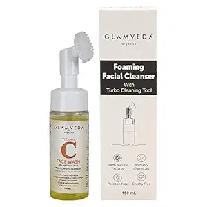 Glamveda Active Vitamin C Brightening & Collagen Boost Foaming Face Wash With Soft Silicone Brush- Paraben & SLS Free- Deep Cleansing & Anti Ageing Formula(150ml)