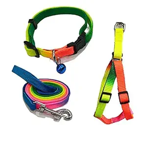 Dog Lover Colourful Adjustable Nylon Puppy Leash Harness and Collar Combo, Suitable for Puppy 15 mm Multicolor (Collar + Harness + Leash)