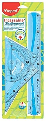 Maped Kit de Traçage INCASSABLE 4 pièces comprenant : 1 règle 30 cm, 1 équerre 60°/21cm, 1 équerre 45°/21 cm et 1 rapporteur 180°/12 cm Bleu