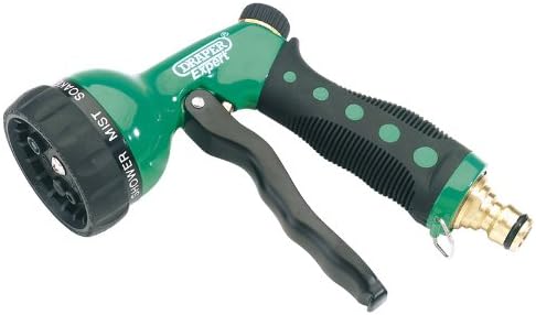 EXPERT 7 PATTERN SPRAY GUN WITH BRASS CONNECTOR - Expert Quality, seven pattern spray gun with an aluminium diecast body and contoured rubber grip. Pistol-grip trigger has locking loop. Nozzle can be adjusted to give seven spray patterns: flat, jet, shower, centre (gentle flow), mist, soaker, cone. Display packed.