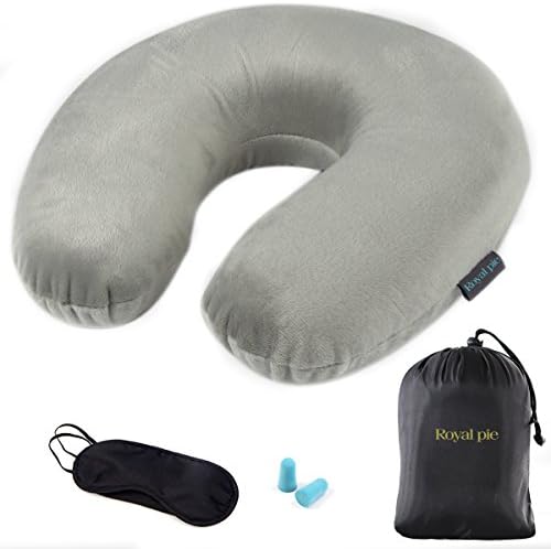 RoyalPie -Travel Pillow- Memory Foam -Washable Velvet Cover -Neck Support Cervical Pillow (Grey) with EarPlugs, Eye Mask, and Drawstring Bag
