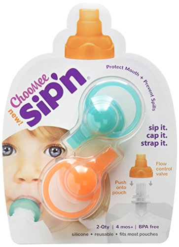 ChooMee Sip'n Soft Top with Flow Control and Cap for Food Pouch Feeding (Orange and Aqua)