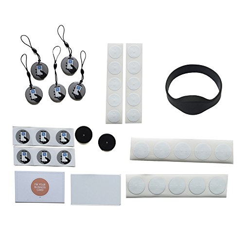 NFC Tags - Advanced Kit - Pack of 21 Stickers with NTAG213 Chip + 5 Stickers with NTAG216 Chip + 5 Hang Tags with NTAG213 Chip + 2 PVC Adhesive Discs with Ultralight chip + 1 PVC Card with Ultralight Chip + 1 Paper Card with NTAG203 Chip + 1 Ultralight Wristband