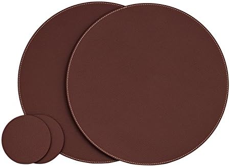 Nikalaz Set of Round Placemats and coasters, 2 table mats and 2 coasters, 33 cm diameter place mat and 10 cm coaster, Recycled leather, Dining table mats (Dark Burgundy)