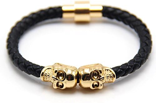 Men's Braided Leather Bracelet Gold Skulls Silver Skull Magnetic Clasp Cool Holiday Gift (GoldSkullGiftbox)