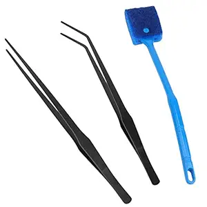 zhuohua 15 inch Black Straight and Curved Stainless Steel Aquarium Tweezers and Aquarium Algae Scraper Double Sided Sponge Long Brush for Fish Tank Plant Aquascape Tools, Feeding Tongs