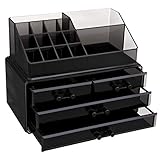 Sehr funktionell, Aufbewahrungswunder - Darin lässt sich eine Vielzahl von Utensilien sortiert unterbringen. Auf die oberen 15 Fächer, die verschiedene Höhen und Größen haben(8 Fächer jede Reihe, jeweilige Höhe der drei Reihen: 3/5,5/5,5 cm), können Sie Ihre Lippenstifte, Schminkpinsel, Mascara, Augenbrauenstifte, Eyeliner usw.