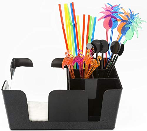 Bar Caddy Organizzatore - 6 Compartimenti per Orgaizzare Tovagliolini, Cannucce, Stirrers e Accessori da Cocktail - Plastico e Colore Nero - Contiene Tutti Gli Accessori