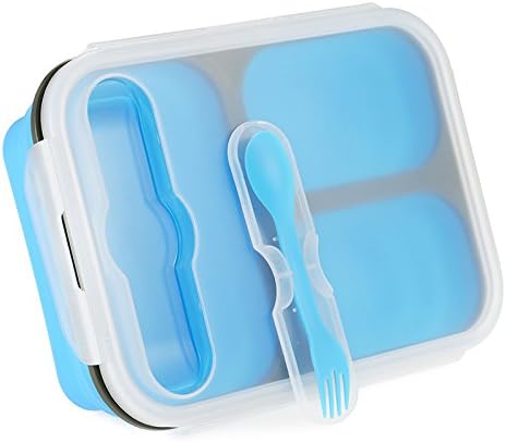 Leakproof 3 Compartment Bento Lunch Box Collapsible Eco Lunch Container with Spork for Adults, Kids