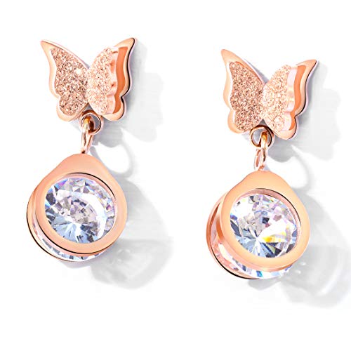 MOTONG Titanium Long Tassel Diamond Butterfly Stud Earrings Small Cute Polished Butterfly Post Earrings Studs Jewelry for Women Girls