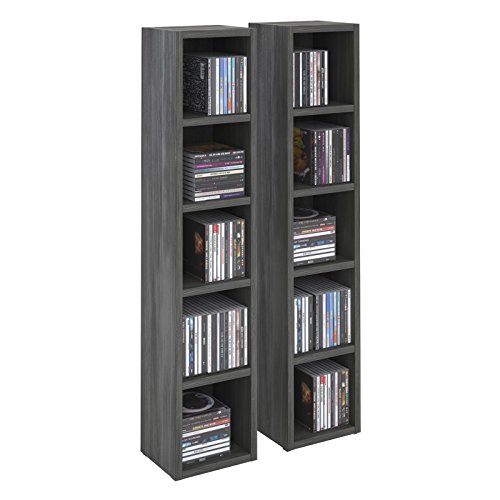 IDIMEX Etagères modulables Musique pour CD et DVD, Lot de 2 Meubles de Rangement en Colonne avec 10 Compartiments, en mélaminé décor Bois Gris cendré