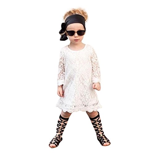 Preisvergleich Produktbild URSING Kinderkleidung Mode Kleinkind Kleine Kind Spitze Einfarbig Prinzessin Mädchen Party Kleid Outfits Kleidung Freizeitkleid Spitzenkleid weiß Spitzenkleider knielang Partykleid (120)