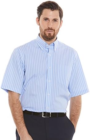 Savile Row Men's Blue White Wide Reverse Stripe Classic Fit Button-Down Short Sleeve Shirt 19 1/2