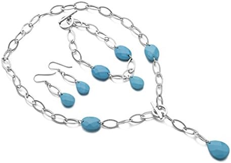 MIU Jewellery Y-Shape Synthetic Turquoise Silver Earring+Bracelet 20cm+Necklace 42cm