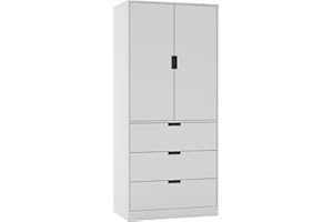 URBNLIVING Modern 2 Door Wardrobe with 3 Drawers & Hanging Rail, Stylish Freestanding Storage, Spacious Interior, Durable Chipboard Build, Easy to Assemble Bedroom Furniture