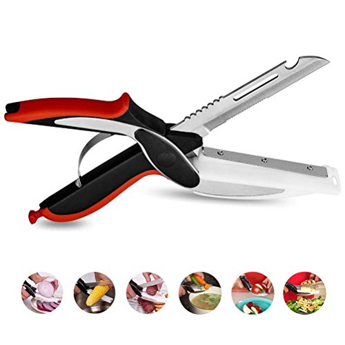 ELFINA Tijeras de Cocina 6 en 1 multifuncionales, Tijeras de Acero Inoxidable, Tabla de Cortar incorporada, abrebotellas, Exfoliante de Frutas y Verduras, rallador de Carne, Fruta, Queso, etc.