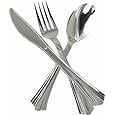Plastic Cutlery Set Tableware Dinnerware Flatware Forks Spoons Basic Knife Party Wedding Dessert Picnic BBQ Christmas Catering Reusable Garden Strong Kitchen Crockery 18pc Colour (Metallic Silver)
