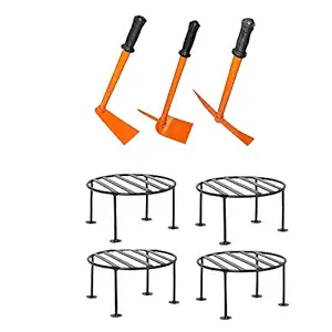 Green Touch Garden Tool Set Includes, Garden Hoe, Garden Tiller, Harden Hand Hoe with Pack of 4 Iron Indoor/Outdoor Flower Pot/Plant Stand for Home Garden Balcony Living Room Decor.