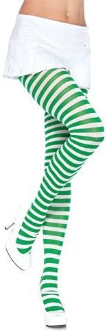 Sexy Fun White Green Stripe Tights Hosiery Fancy Dress Halloween Costume School Geek Nerd Witch Christmas Elf St Patricks Day Xmas (One Size)