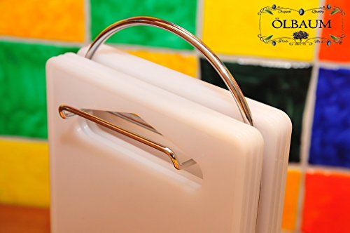 6 x Schneidebrett MIT STÄNDER, Edelstahl / Kunststoff 7-tlg. Set, massive, hochwertige Schneidebrettchen weiß, mit abgerundeten Kanten, Maße viereckig je ca. 25 cm x 15 cm als Bruschetta-Servierbrett, Brotzeitbrett mit Griff, Frühstücksbrett, NEU Bayerisches Brotzeitbrettl, Bruschetta-Pita-Döner-Naan-Roti-Ciabatta-Langos-Chubz-Servierbretter,Massive Schneidebretter, Anrichtebretter, Frühstücksbretter, Brotzeitbretter, Steakteller schinkenbrett rustikal, Schinkenteller von BTV - 5