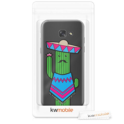 kwmobile Funda para Samsung Galaxy A5  2017  - Carcasa Protectora de  TPU  con dise  o de Cactus con Bigote en  Azul Verde Transparente 
