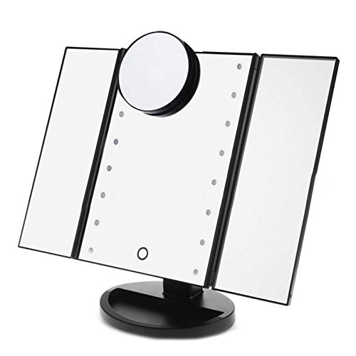 LED Make up Spiegel, Frideko 16 LEDs beleuchtete dreiseitig faltbarer Kosmetikspiegel mit abnehmbare 10x Vergrößerungsspiegel, Touch Schalter, Hinterbauständer, Batteriebetrieb für Badezimmer Schlafzimmer Reise Ankleideraum