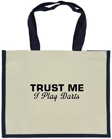 Trust Me I Play Darts in Black Print Jute Large Shopping Bag with Navy Handles and Trim