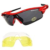 VeloChampion Warp Cycling Running Sports Sunglasses - (with 3 lens: inc smoked, clear) (Red Frame with Black Nose and Bl