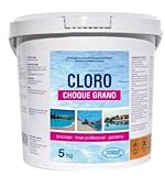 Cloro grano de disolución lenta para todo tipo de piscina en envase de 5 kilos.
