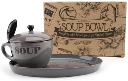 SOUP BOWL WITH LID PLATE AND SPOON 4 COLOURS TO CHOOSE FROM (CHARCOAL GREY)