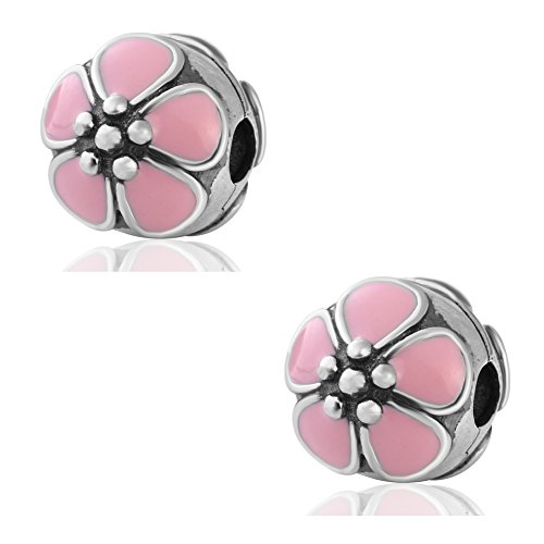 Hoobeads Ciondolo in argento sterling 925, con fiore di ciliegio smaltato bianco, a clip, 2 pezzi
