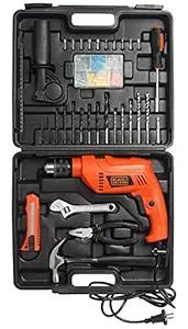 BLACK+DECKER HD555KMPR-B1 Hammer Drill Machine & Hand Tool Kit (100 pc) For Wood, Steel & Masonry, 13mm 550Watt, For Home & Professional Use, 1 Year Warranty