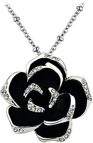 Le Premium® Elegant Black Rose Flower Crystal Pendant Necklace Rhodium Plated With Gift Box