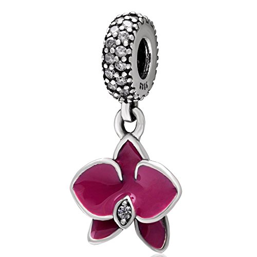Smalto rosso orchidea charms ciondolo in argento Sterling 925 perline a forma di fiore con zirconia cubica trasparente Fit European charms