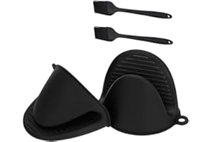 tifanso Silicone Mini Oven Gloves - Ninja Mitts Pot Holder for Kitchen - Heat Resistant Finger Gripper Mittens Rubber for Air Fryer, BBQ Grill, Cooking and Baking w/ +2 Oiling Brush (Black)