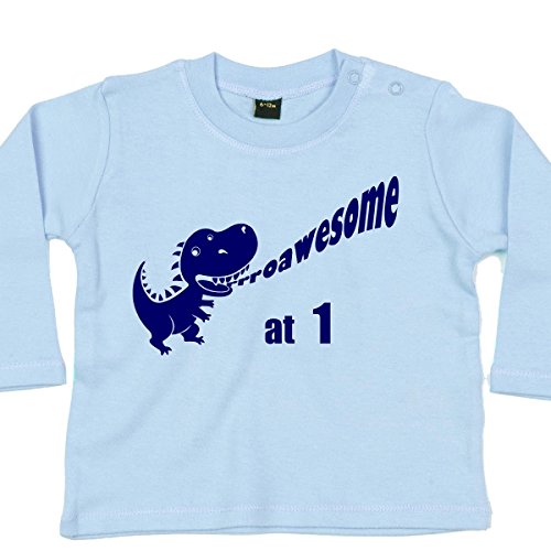 "Rrroawesome at 1" - Awesome 1st Birtday T shirt Gift with Dinosaur Design, 6 to 12 mths, Blue