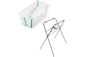 CRIOH! Set de Bañera Stokke Flexi Bath + Soporte Recién Nacido + Patas, Bañera Stokke Plegable, desde el Nacimiento hasta los 4 años, Instalación Fácil, Color Blanco Aqua
