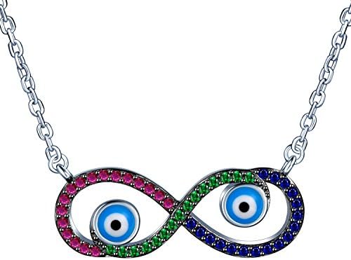SIXLUO Colourful Evil Eye Pendant 925 Sterling Silver Cubic Zirconia Hollow Infinite Extender Necklace Best Gift for Women/Girls