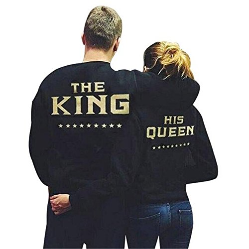 COCO clothing Otoño Negro Parejas Sudaderas King Queen de Mujer Hombre Basica Imprimen Sweatshirt Casual Pullover Redondo Camisetas de Manga Larga