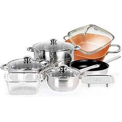 SIMPLE & Co Batterie de Cuisine 11 pièces en Acier Inoxydable, casseroles et poêles avec couvercles en Verre, poêle carrée en cuivre avec Couvercle en Verre