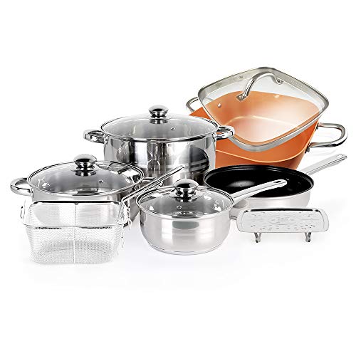 SIMPLE & Co Batterie de Cuisine 11 pièces en Acier Inoxydable, casseroles et poêles avec couvercles en Verre, poêle carrée en cuivre avec Couvercle en Verre