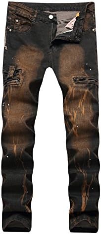 Men's Biker Moto Ripped Distressed Slim Fit Straight Denim Jeans Jogger Pants, 9853 Yellow, 40W x Regular